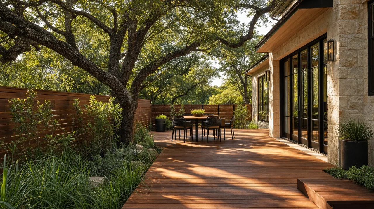 Illustrative cedar deck and horizontal wood fence beside an Austin limestone home