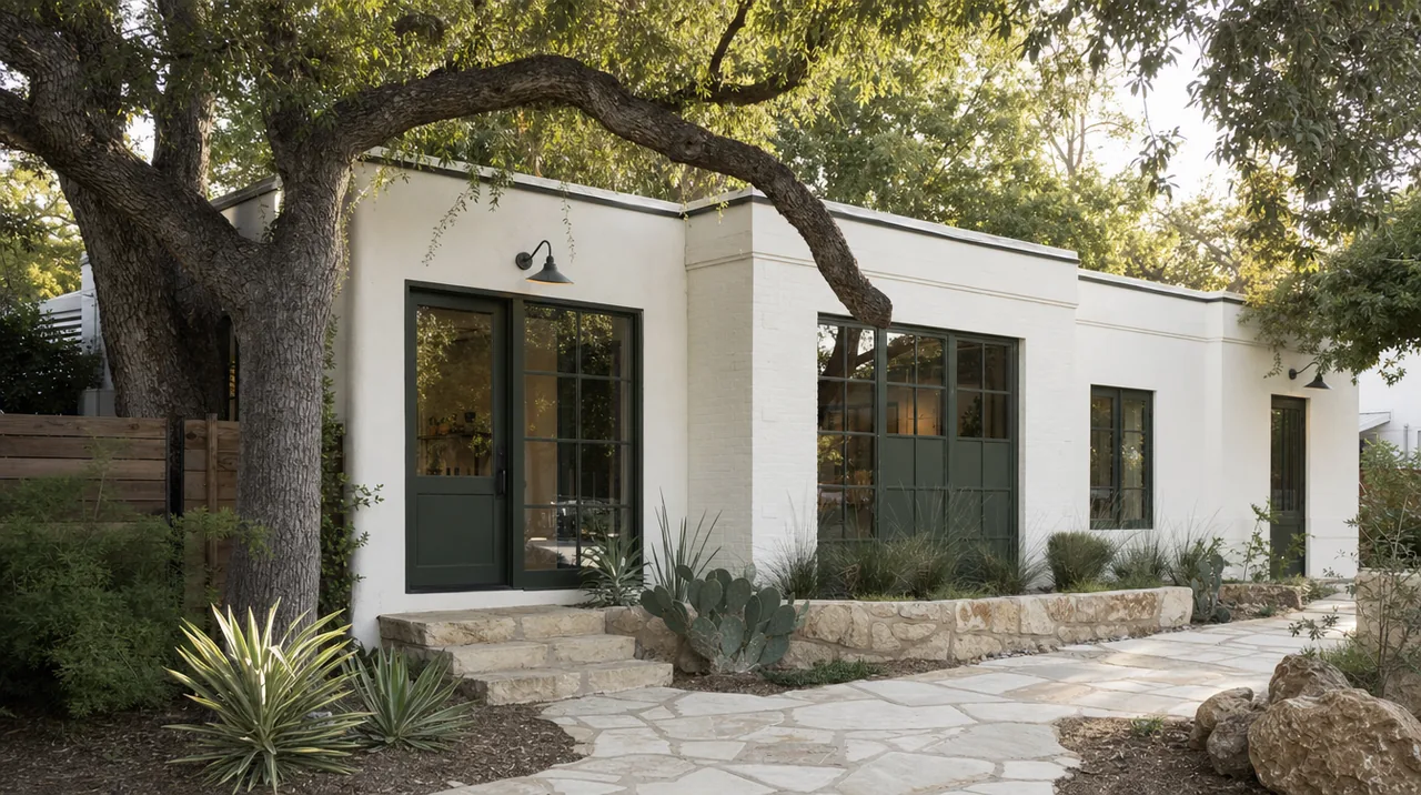 Illustrative small Austin commercial studio with cream walls and green doors