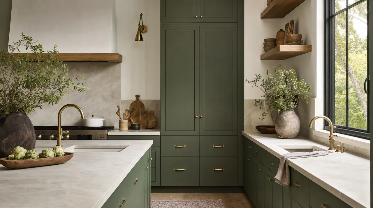 Illustrative Austin kitchen with painted green cabinets and limestone counters