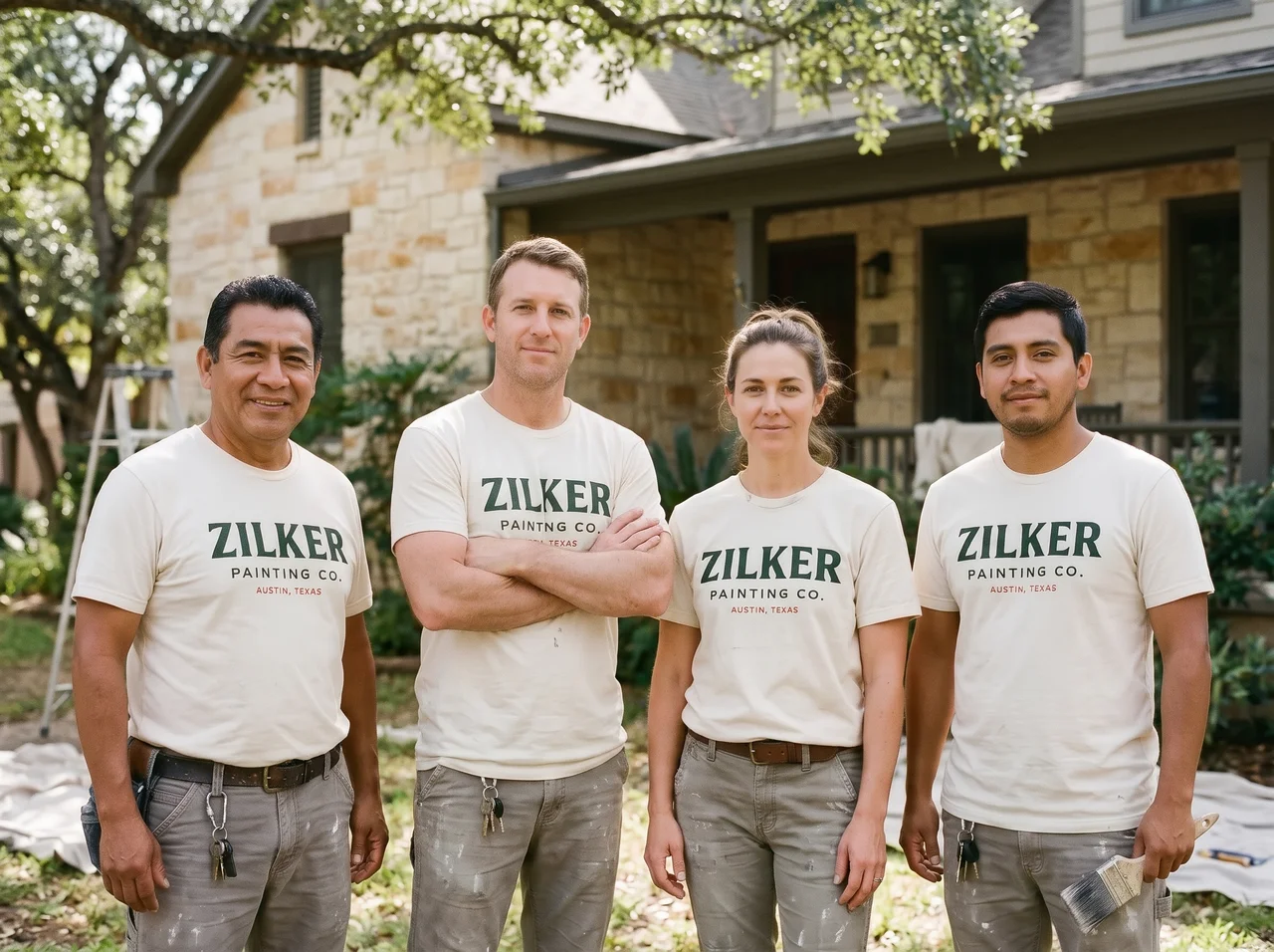 AI-generated illustration of four painting professionals wearing Zilker Painting Co. shirts